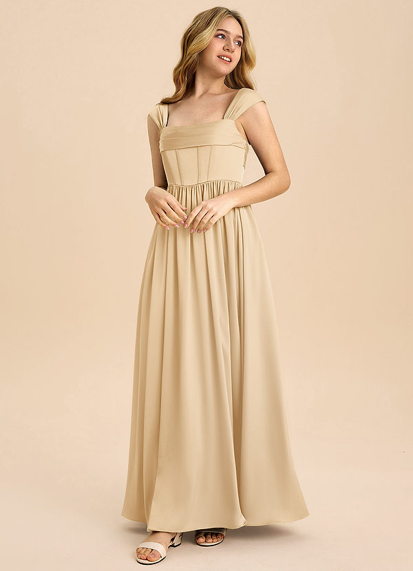 Azazie Hattie Junior Linia A Pofałdowany Satyna elastyczna Długość podłogi Młodsza druhna Sukienka image1