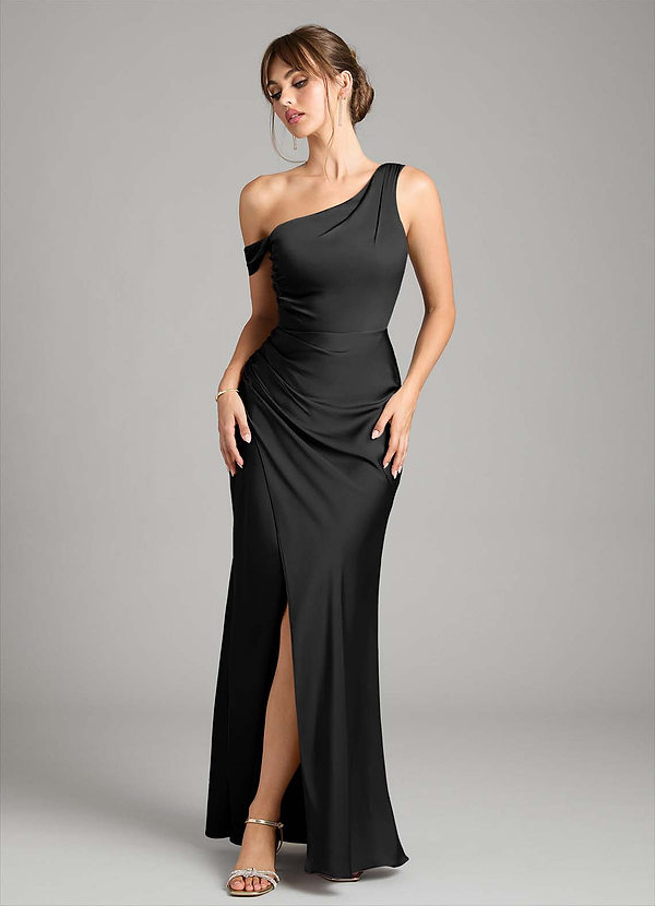 Azazie Madelyn Bridesmaid Dresses Black Mermaid One Shoulder Stretch Satin Convertible Dress image1