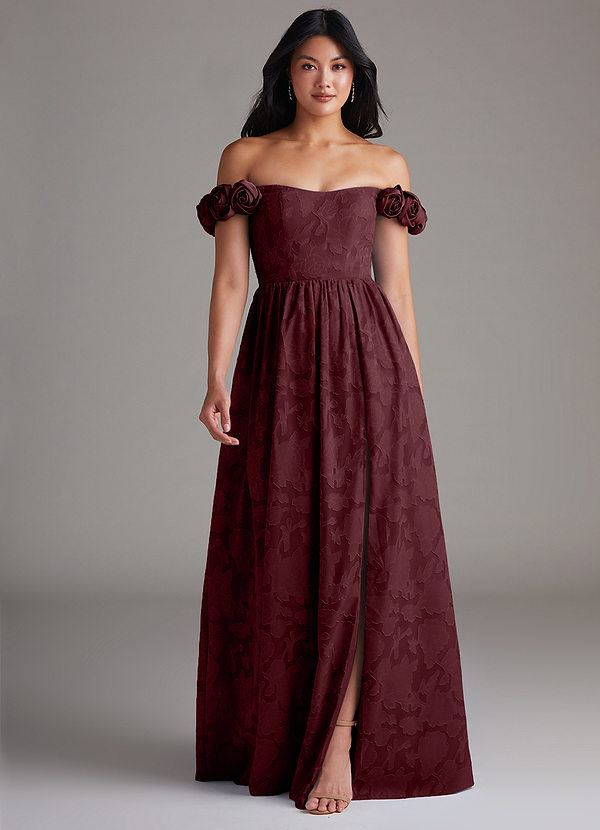 Azazie Autumn Bridesmaid Dresses Cabernet A-Line Off the Shoulder Floral Burnout Dress image1