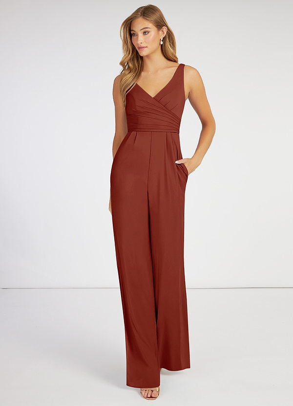 Azazie Ida Bridesmaid Dresses Terracotta Pleated Stretch Chiffon Jumpsuit image1