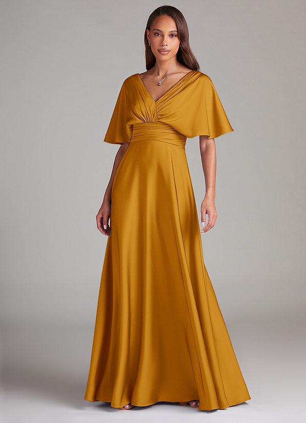 Azazie Pamela Robes Demoiselle d'honneur Robe Trapèze en Satin extensible Plissée Caramel écossais image1