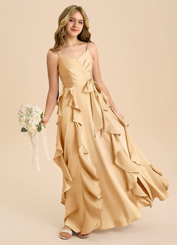 Azazie Peyton Junior Abito A-Line in Raso Elasticizzato Plissettato Oro image1