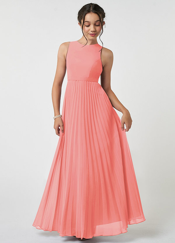 Azazie Lindie Junior A-Linie Plissee Chiffon Kleid Koralle image1