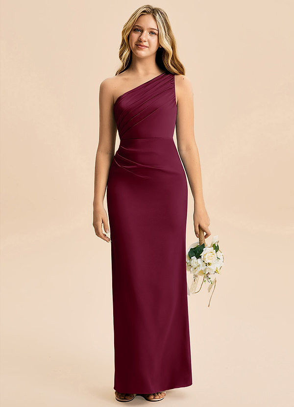 Azazie Akilah Junior Robe Fourreau en Satin extensible Plissée Mûre image1