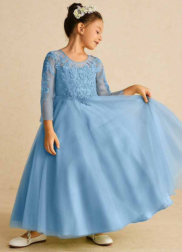 Azazie Precious Flower Girl Dresses Steel Blue A-Line Lace Tulle Dress image1