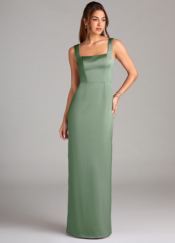 Azazie Flori Bridesmaid Dresses Matcha Sheath Side Slit Stretch Satin Dress image1