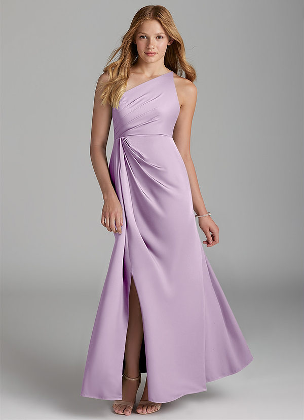Azazie Mika Junior Frosted Lilac A-Line Pleated Stretch Satin Dress image1