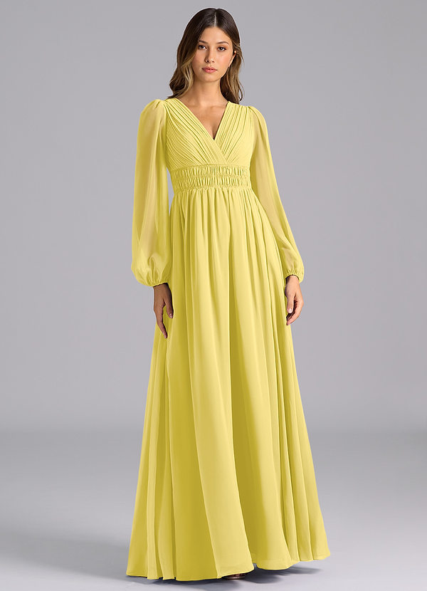 Azazie Palerma Bridesmaid Dresses Canary A-Line Long Sleeve Chiffon Dress image1