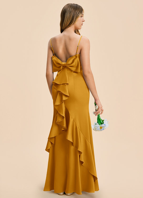 Azazie Lioren Junior Butterscotch Sheath Bow Stretch Satin Dress image1
