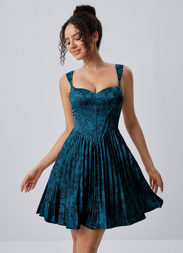 Jade Navy Black Spaghetti Strap Floral Pleated Lace-Up Mini Dress image1