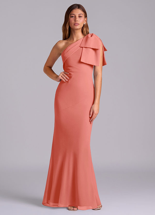 Azazie Yuanna Bridesmaid Dresses Salmon Pink Mermaid One Shoulder Chiffon Dress image1