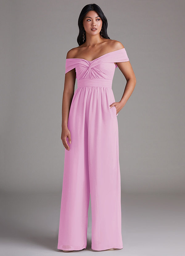 Azazie Lamara Robes Demoiselle d'honneur Combinaison Convertible en Mousseline de soie Épaule décolletée Rose Bonbon image1