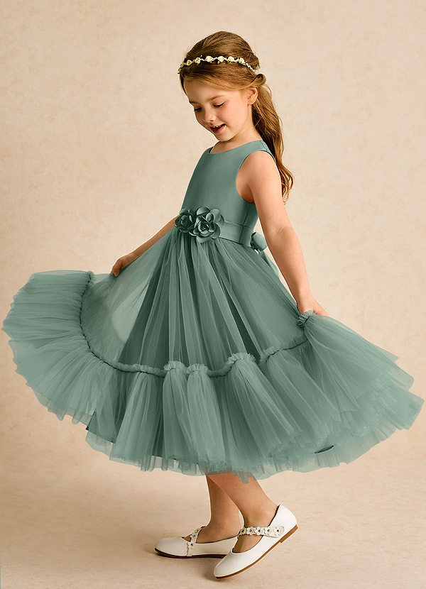 Azazie Miracle Blumenkinder Kleider A-Linie Schleifen Matte Satin Kleid Eukalyptus image1