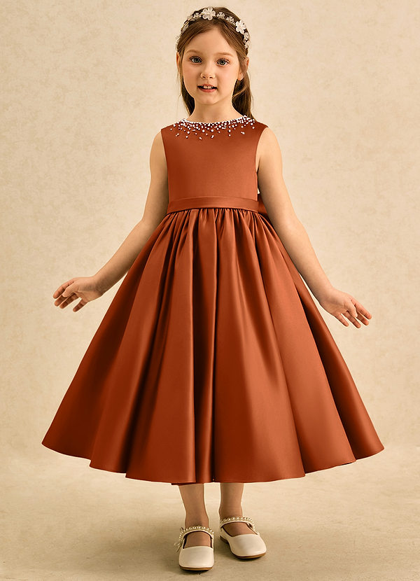 Azazie Doodle Flower Girl Dresses Burnt Orange Ball-Gown Bow Matte Satin Dress image1