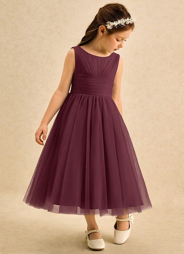 Azazie Macaron Robes de Fillette d'Honneur Robe Trapèze en Tulle Plissée Cabernet image1