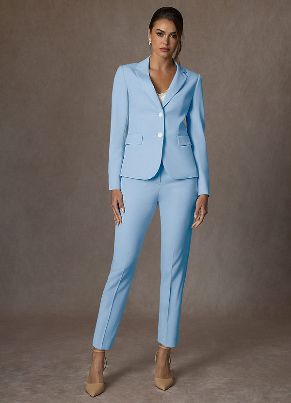 front Whitney Sky Blue Structured Stretch Full Length Pants Suit