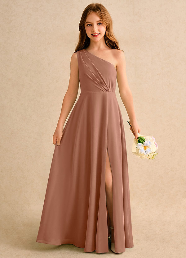 Azazie Puddles Girls Formal Robes de Fillette d'Honneur Robe Trapèze en Mousseline de soie Une épaule Bronze image1