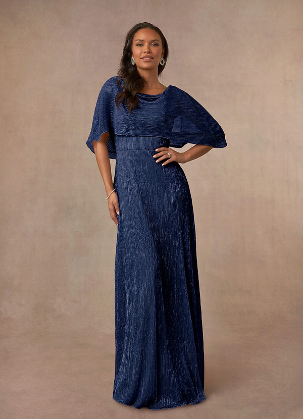 Azazie Loretta Mother of the Brides Dresses Dark Navy A-Line Cowl Cape Metallic Mesh Dress image1