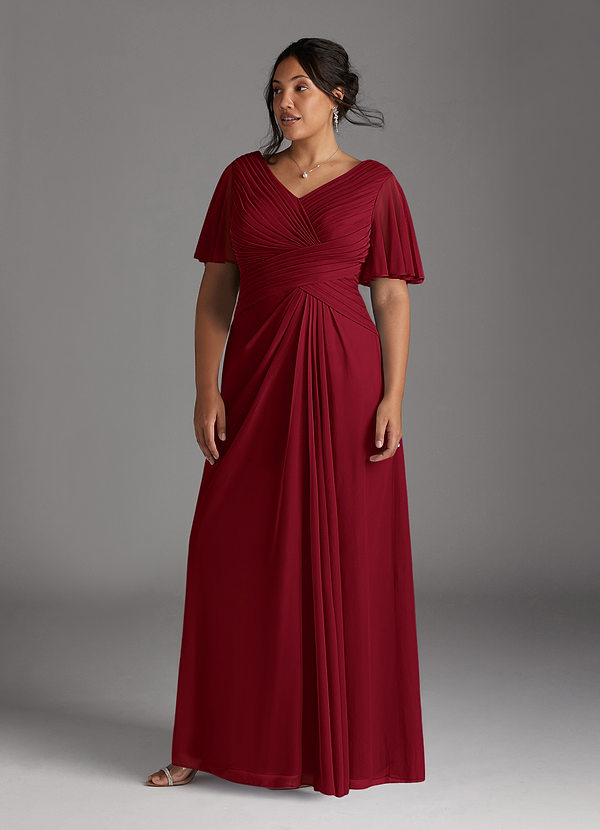 Azazie Emmeline Mother of the Brides Dresses Burgundy A-Line V-Neck Pleated Mesh Dress image1