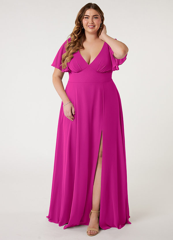 Azazie Kimber Bridesmaid Dresses Fuchsia A-Line Flounce Sleeve Chiffon Dress image1