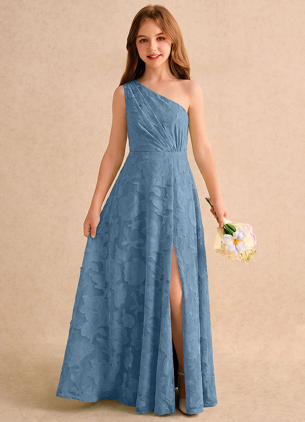 Azazie Pudles Girls Formal Robes de cortège enfant Robe Trapèze en Blumen-Burnout Asymétrique Acier Bleuté image1