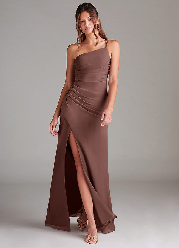 Azazie Eren Robes Demoiselle d'honneur Robe Fourreau en Mousseline de soie Ue épaule Expresso image1