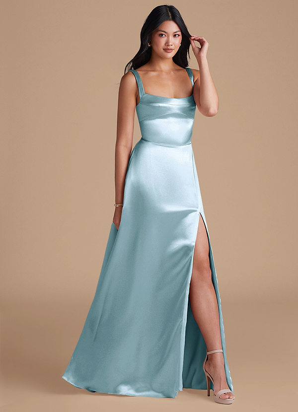 Azazie Hope Bridesmaid Dresses Sky Blue A-Line with Pockets Metallic Satin Dress image1