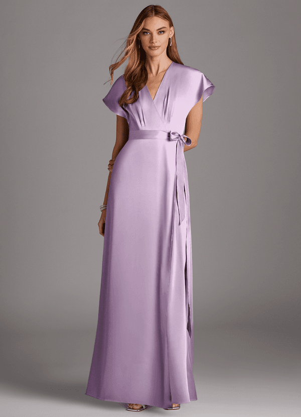 Azazie Nico Vestidos Dama de Honor Vestido de Lila Esmerilada de Satén Elástico de Corte en A con Cuello en V image1