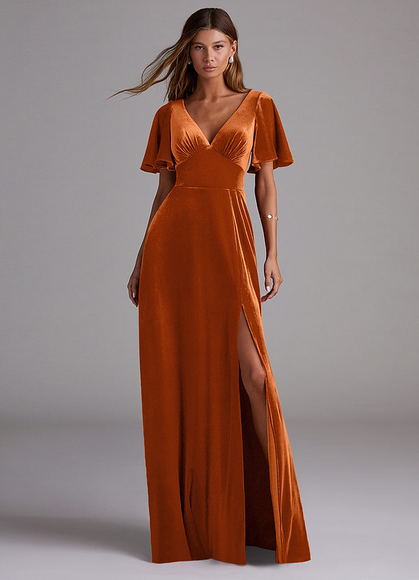 Azazie Kimber Bridesmaid Dresses Burnt Orange A-Line with Pockets Velvet Dress image1