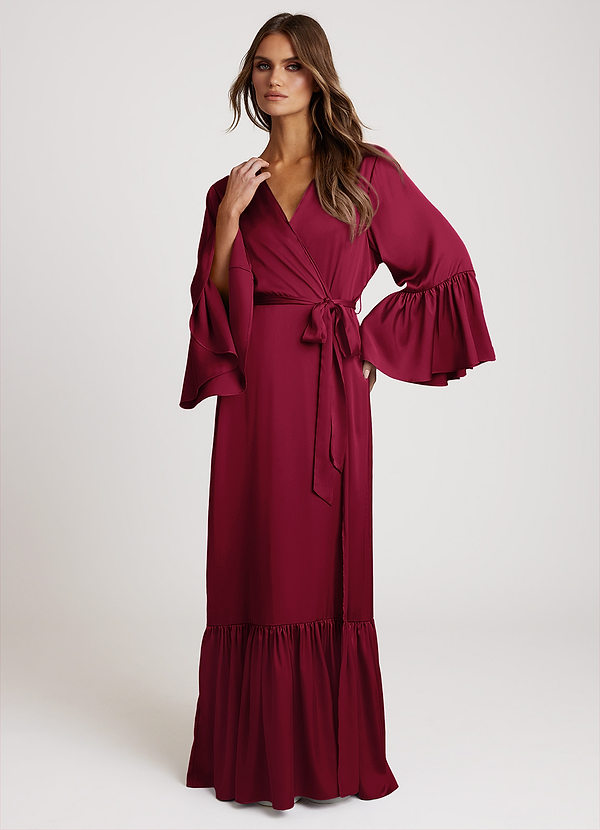 front Burgundy Long Bridal Ruffle Robe