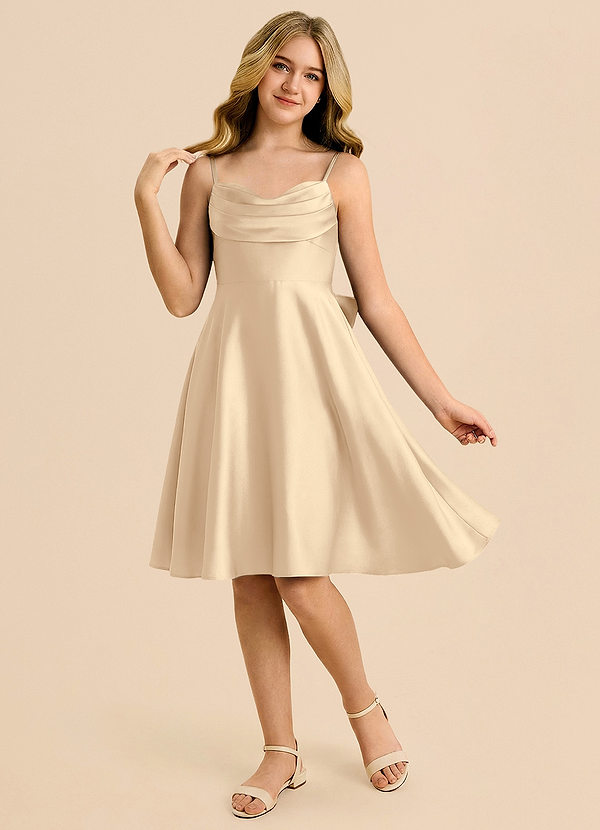 Azazie Bear Junior Champagne A-Line Sweetheart Neckline Stretch Satin Dress image1