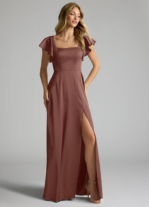 Azazie Bondi Bridesmaid Dresses Espresso A-Line Bow Stretch Satin Dress image1