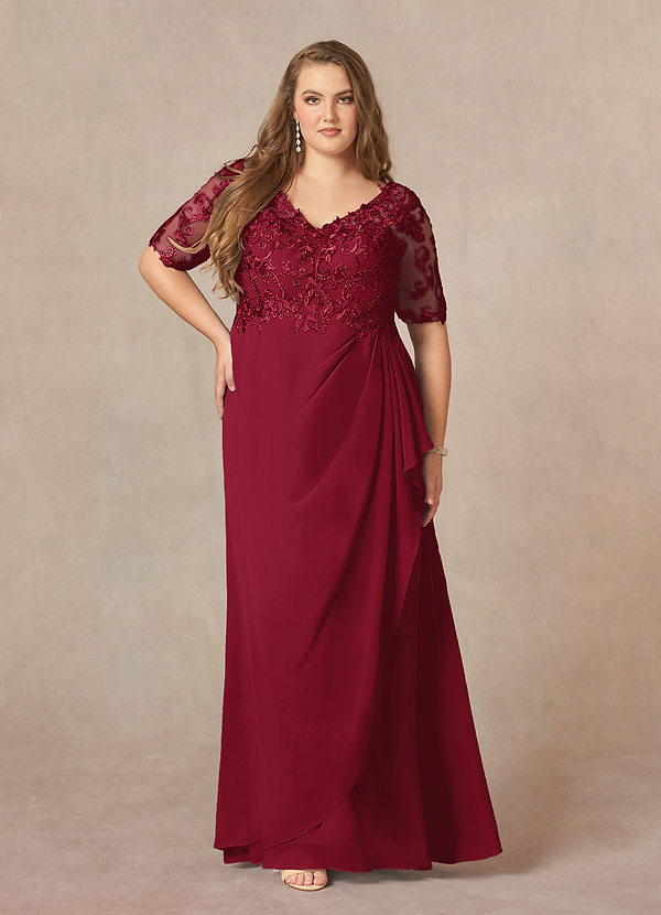 Azazie Amedeus Brautmutterkleider A-Linie V-Hals Spitze Chiffon Kleid Burgunderrot image1