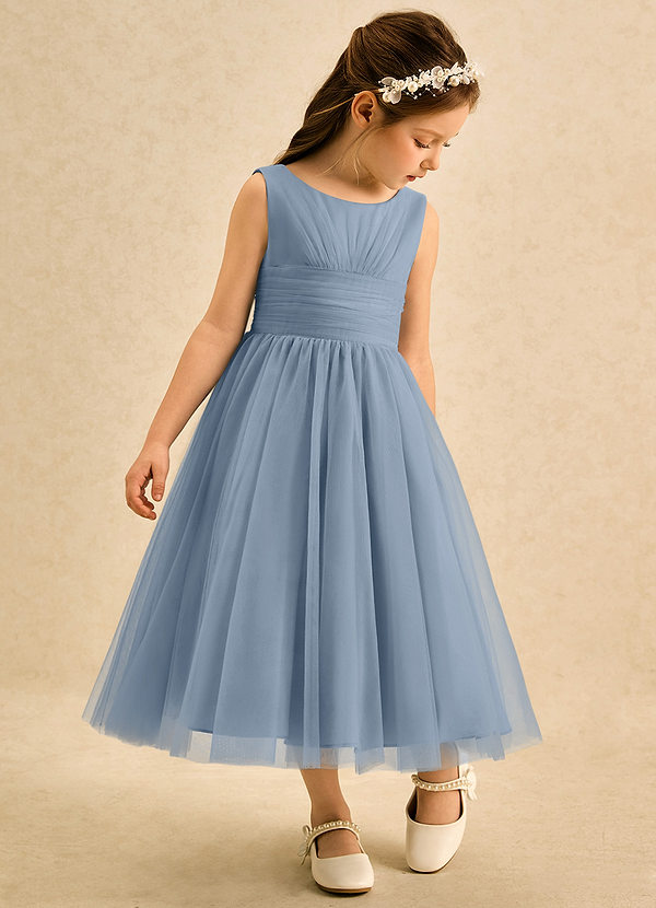 Azazie Macaron Bloemenmeisjes Jurken A-Lijn Jurk van Tule Geplooid Stoffig Blauw image1