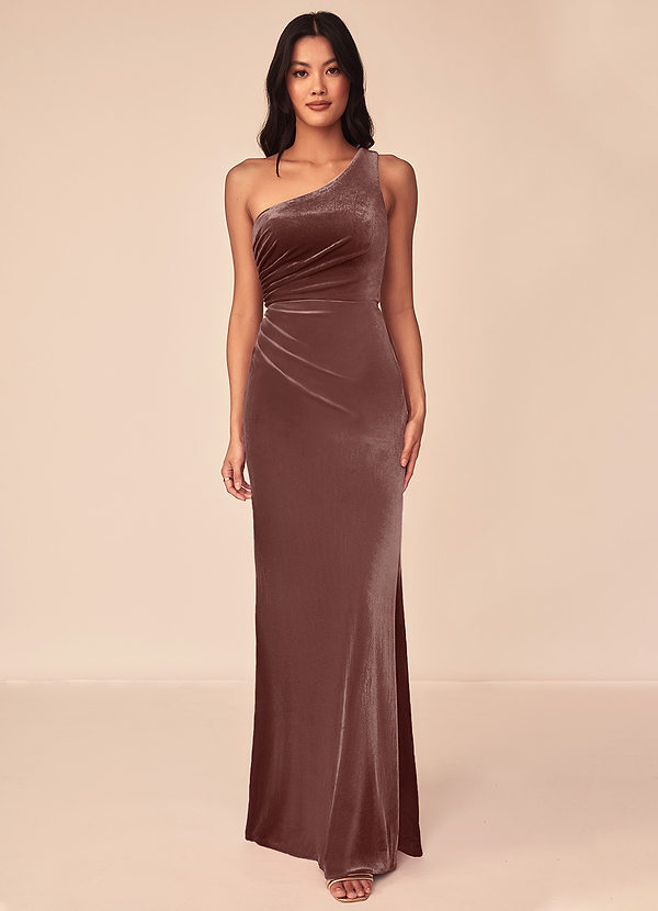 Azazie Argan Robes Demoiselle d'honneur Robe Sirène en velours Plissé asymétrique Expresso image1