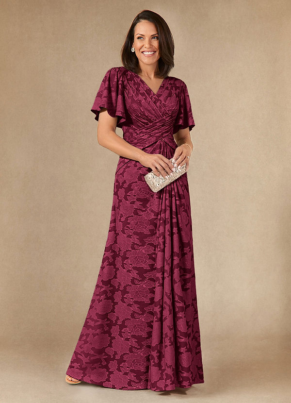 Azazie Emmeline Mother of the Brides Dresses Burgundy A-Line Pleated Floral Burnout Dress image1