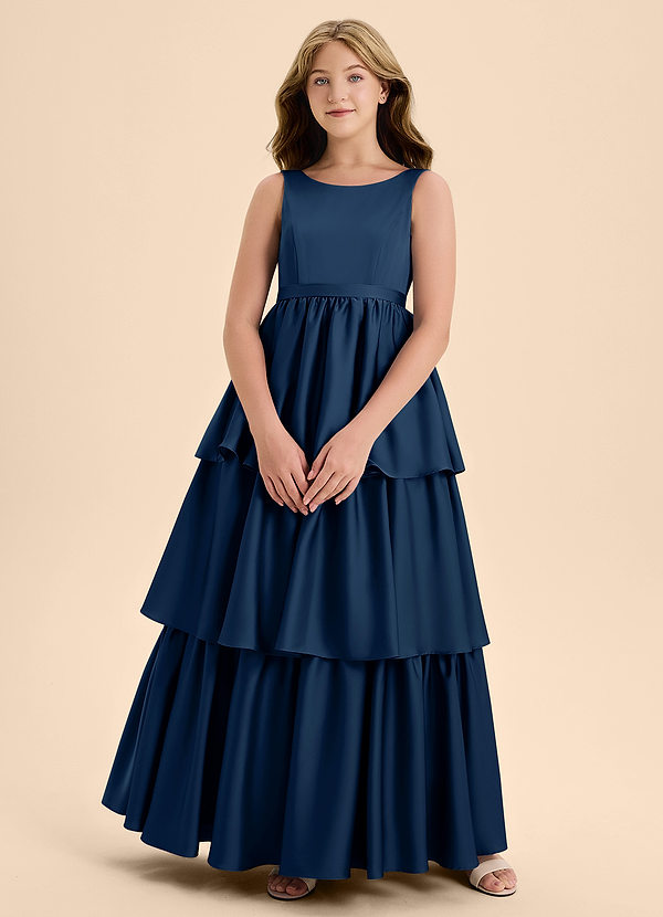 Azazie Meadowyn Junior Dark Navy A-Line Bow Stretch Satin Dress image1