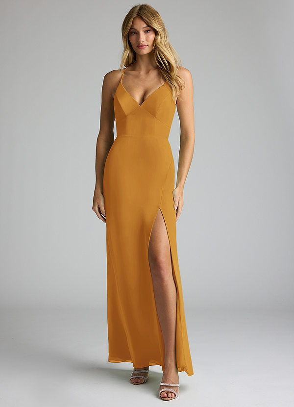 Azazie Becca Bridesmaid Dresses Butterscotch Sheath V-Neck Chiffon Dress image1