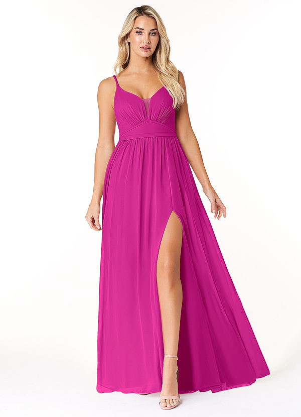 Azazie Rayna Vestidos Dama de Honor Vestido de Fucsia de Gasa de Corte en A con Cuello en V plisado image1