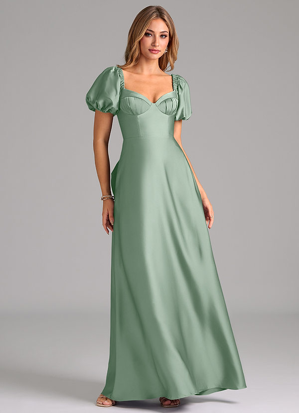 Azazie Fatima Bridesmaid Dresses Agave A-Line Pleated Stretch Satin Dress image1