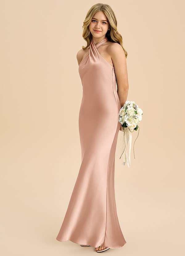 Azazie Chickie Junior Etui Plissee Stretch-Satin Kleid Roségold image1