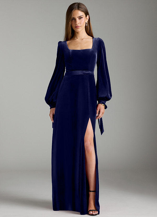 Azazie Leonia Robes Demoiselle d'honneur Robe Trapèze en velours Manche longue Bleu Marine Foncé image1