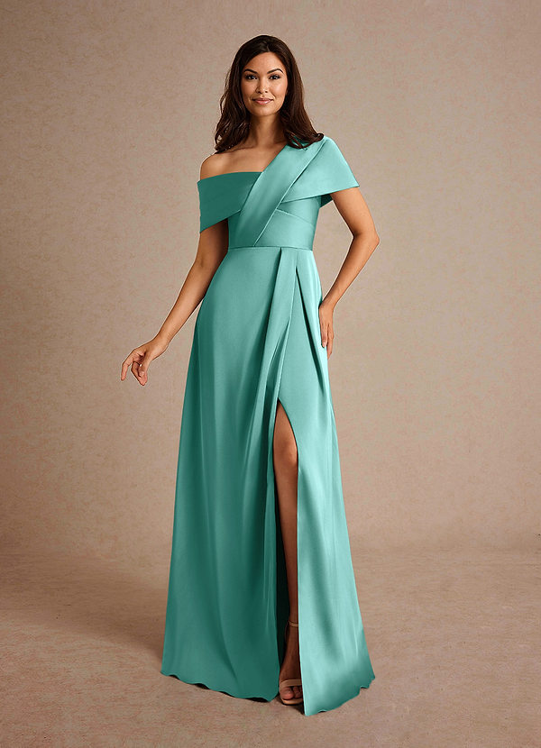 Azazie Milton Mother of the Brides Dresses Aqua A-Line Pleated Stretch Satin Dress image1