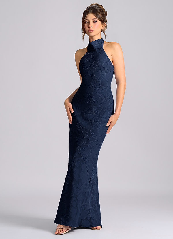 Azazie Velli Bridesmaid Dresses Dark Navy Mermaid High Neck Floral Burnout Dress image1