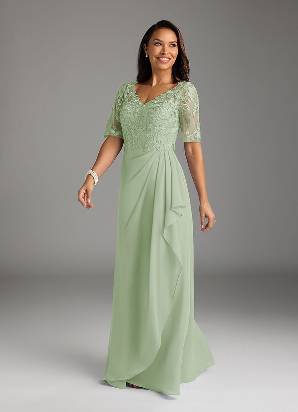 Lace 3/4 Sleeves V-neck Chiffon Long Dress Dusty Sage main image 1