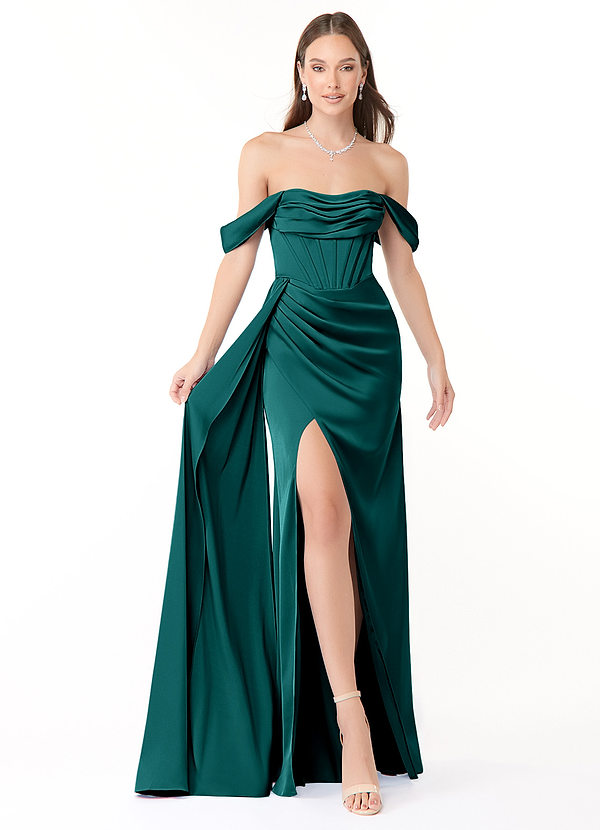 Azazie Amyra Bridesmaid Dresses Peacock Sheath Off the Shoulder Stretch Satin Convertible Dress image1