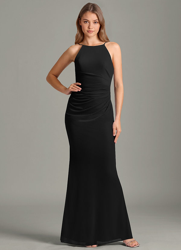 Azazie Sorcha Brautjungfernkleider Meerjungfrau-Linie Plissee Gittergewebe Kleid Schwarz image1