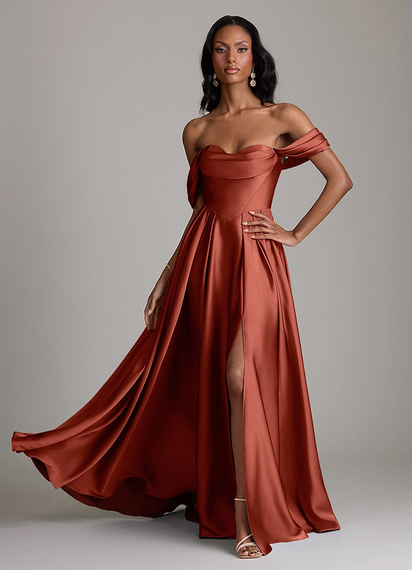 Azazie Loisa Robes Demoiselle d'honneur Robe Trapèze en Satin extensible Épaule décolletée Terracotta image1