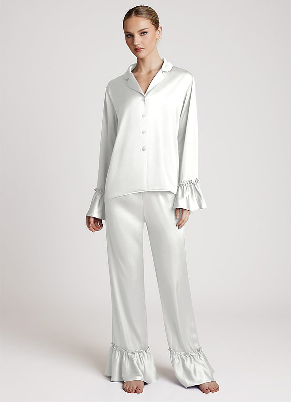 front White Lightweight Satin Ruffle Pajama Set