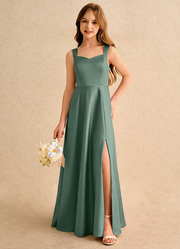 Azazie Makani Girls Formal Blumenkinder Kleider A-Linie Herzausschnitt Matte Satin Kleid Eukalyptus image1